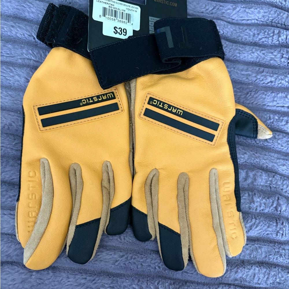 New - Youth Medium Warstic Yellow and Black leather batting gloves